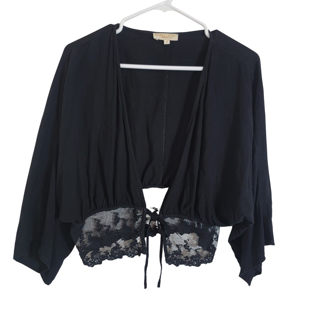 Rebellion Again Black Cropped Tie Front Kimono Top Lace Hem Wide Sleeve Medium